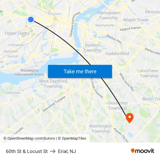 60th St & Locust St to Erial, NJ map