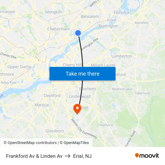 Frankford Av & Linden Av to Erial, NJ map