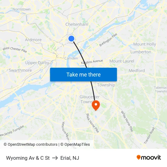 Wyoming Av & C St to Erial, NJ map