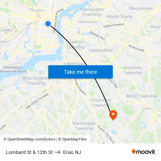 Lombard St & 12th St to Erial, NJ map