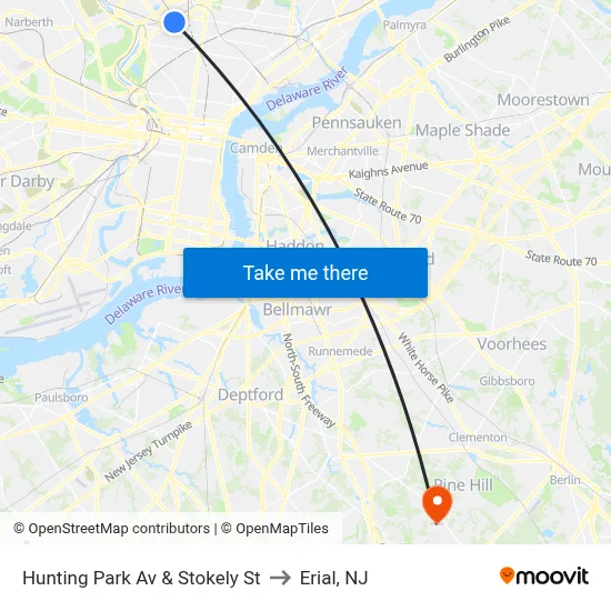 Hunting Park Av & Stokely St to Erial, NJ map