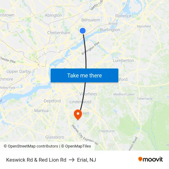 Keswick Rd & Red Lion Rd to Erial, NJ map