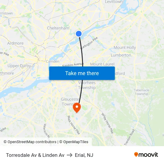 Torresdale Av & Linden Av to Erial, NJ map