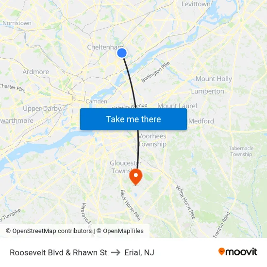Roosevelt Blvd & Rhawn St to Erial, NJ map