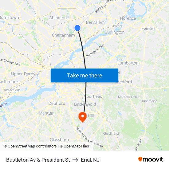 Bustleton Av & President St to Erial, NJ map