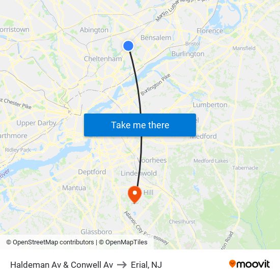 Haldeman Av & Conwell Av to Erial, NJ map