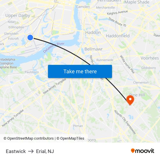 Eastwick to Erial, NJ map