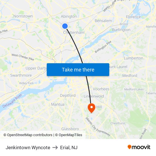 Jenkintown Wyncote to Erial, NJ map