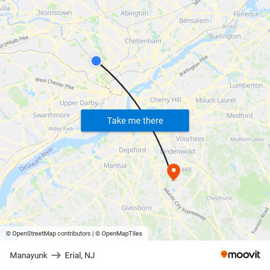 Manayunk to Erial, NJ map