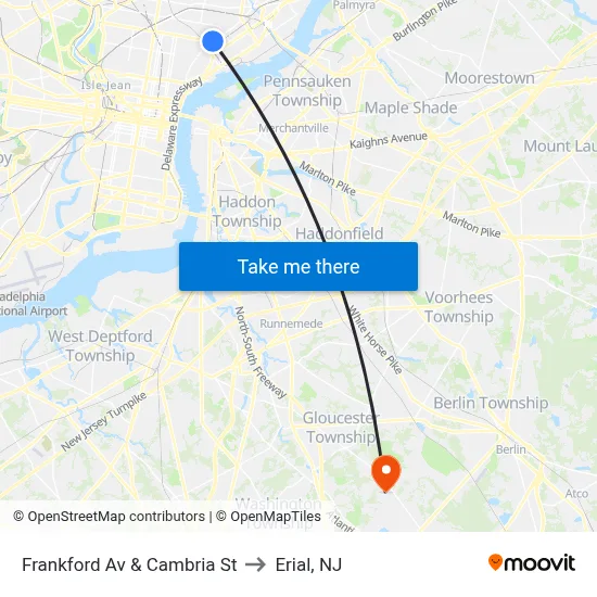 Frankford Av & Cambria St to Erial, NJ map