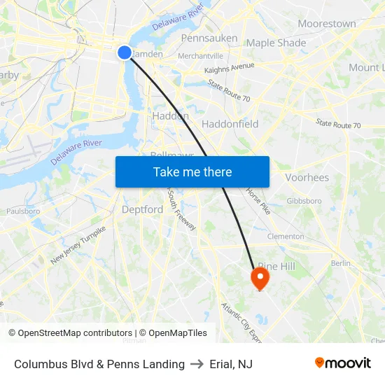 Columbus Blvd & Penns Landing to Erial, NJ map