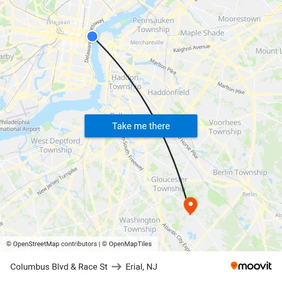 Columbus Blvd & Race St to Erial, NJ map