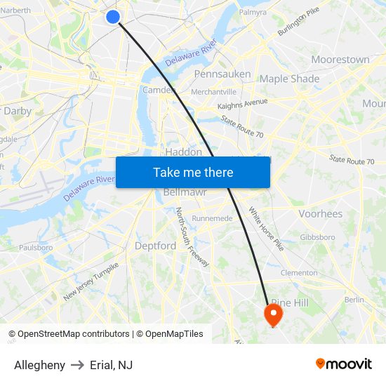 Allegheny to Erial, NJ map