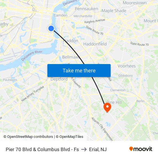 Pier 70 Blvd & Columbus Blvd - Fs to Erial, NJ map