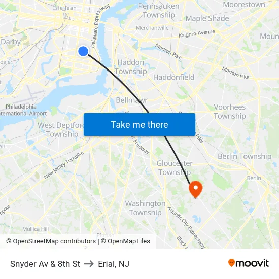 Snyder Av & 8th St to Erial, NJ map