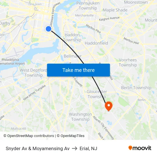 Snyder Av & Moyamensing Av to Erial, NJ map