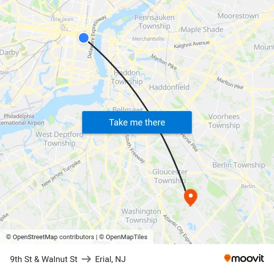 9th St & Walnut St to Erial, NJ map