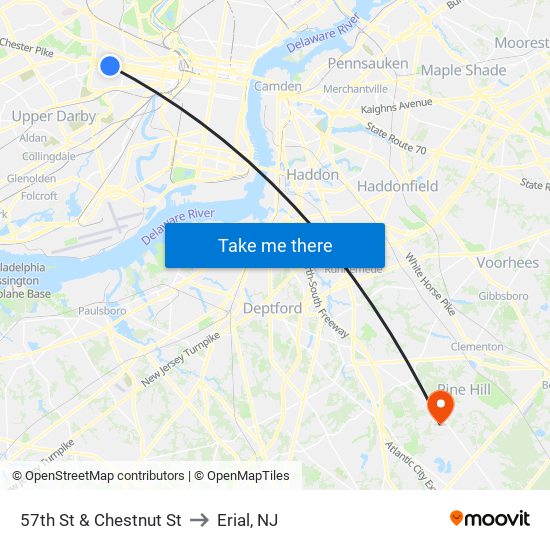 57th St & Chestnut St to Erial, NJ map