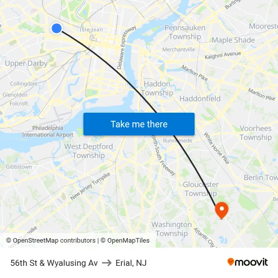 56th St & Wyalusing Av to Erial, NJ map