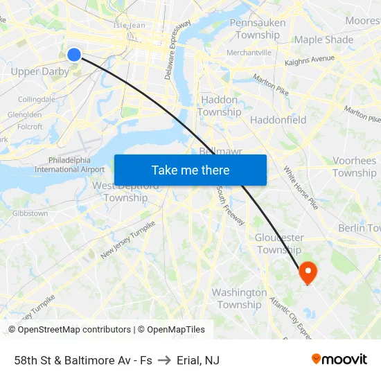 58th St & Baltimore Av - Fs to Erial, NJ map