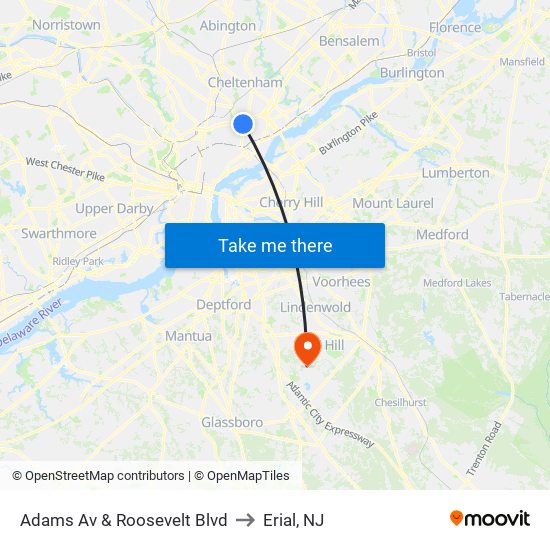 Adams Av & Roosevelt Blvd to Erial, NJ map