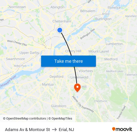 Adams Av & Montour St to Erial, NJ map