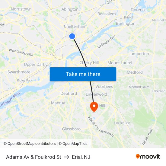 Adams Av & Foulkrod St to Erial, NJ map