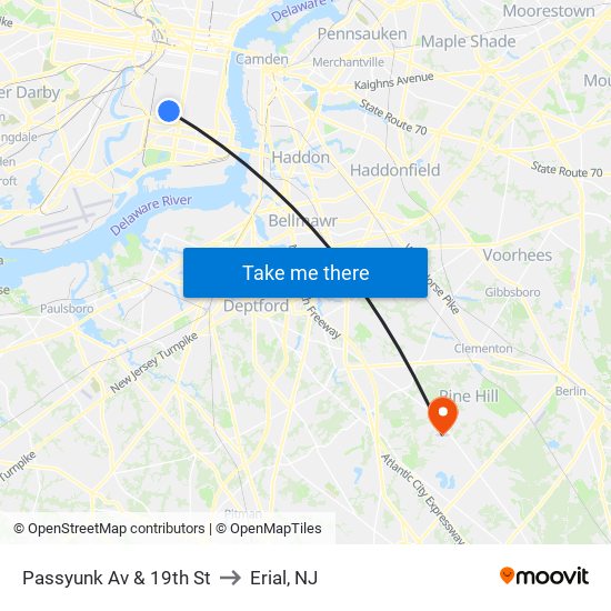 Passyunk Av & 19th St to Erial, NJ map