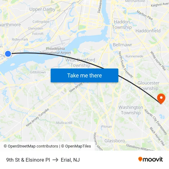 9th St & Elsinore Pl to Erial, NJ map