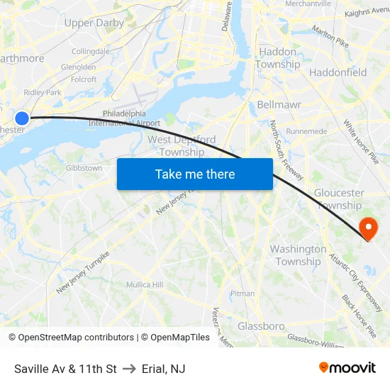 Saville Av & 11th St to Erial, NJ map