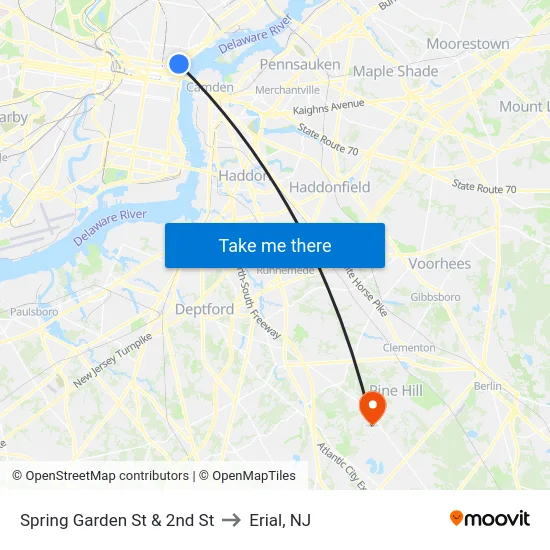 Spring Garden St & 2nd St to Erial, NJ map