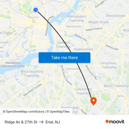 Ridge Av & 27th St to Erial, NJ map