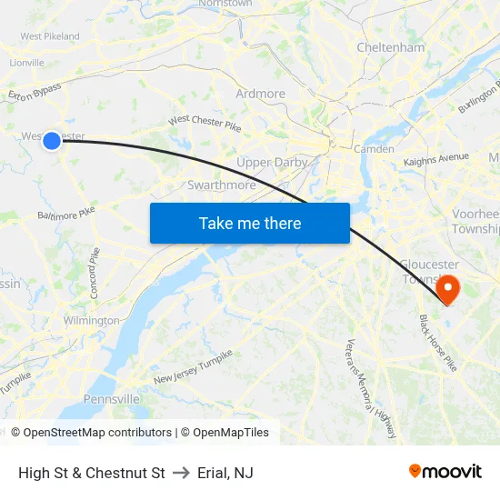 High St & Chestnut St to Erial, NJ map