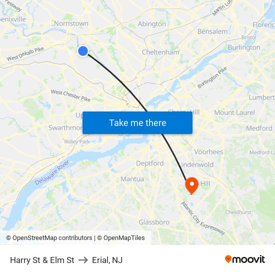 Harry St & Elm St to Erial, NJ map