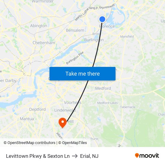 Levittown Pkwy & Sexton Ln to Erial, NJ map