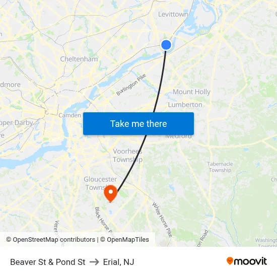 Beaver St & Pond St to Erial, NJ map