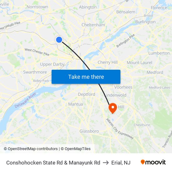 Conshohocken State Rd & Manayunk Rd to Erial, NJ map