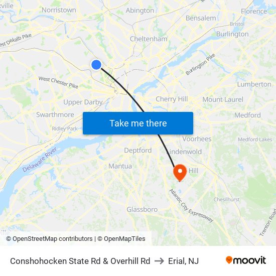 Conshohocken State Rd & Overhill Rd to Erial, NJ map