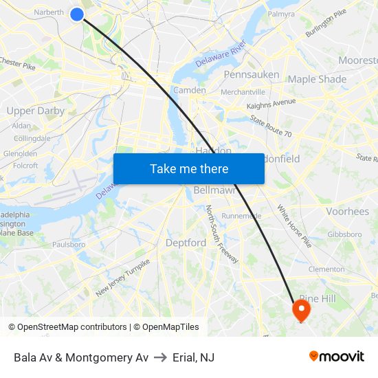 Bala Av & Montgomery Av to Erial, NJ map