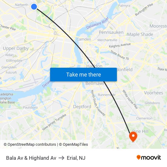 Bala Av & Highland Av to Erial, NJ map