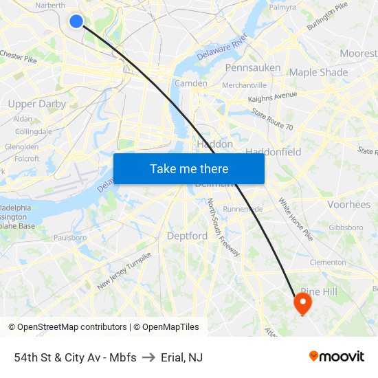 54th St & City Av - Mbfs to Erial, NJ map