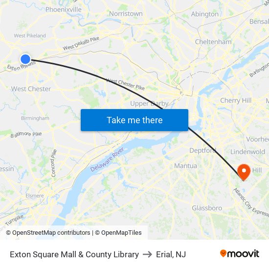 Exton Square Mall & County Library to Erial, NJ map