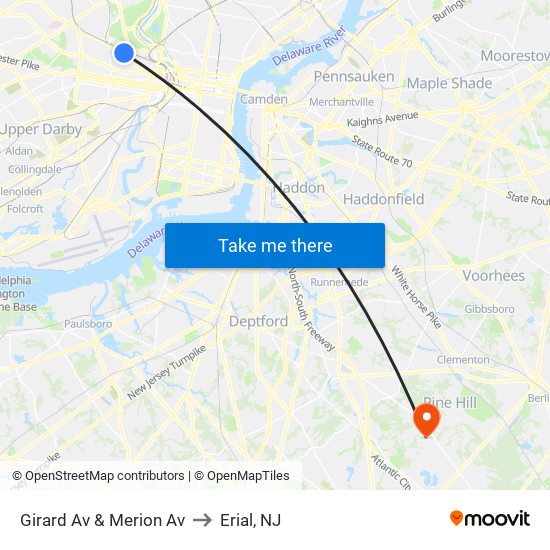 Girard Av & Merion Av to Erial, NJ map