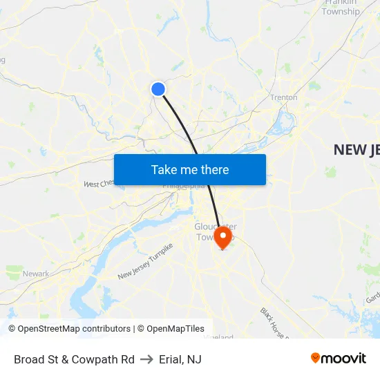 Broad St & Cowpath Rd to Erial, NJ map