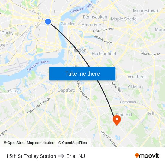 15th St Trolley Station to Erial, NJ map