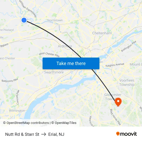 Nutt Rd & Starr St to Erial, NJ map