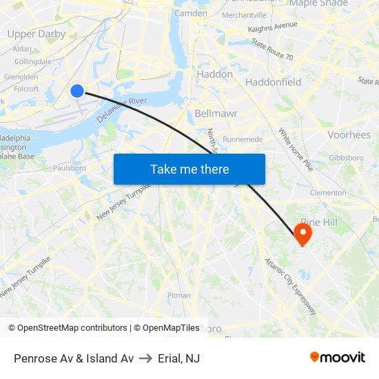 Penrose Av & Island Av to Erial, NJ map