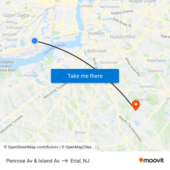 Penrose Av & Island Av to Erial, NJ map