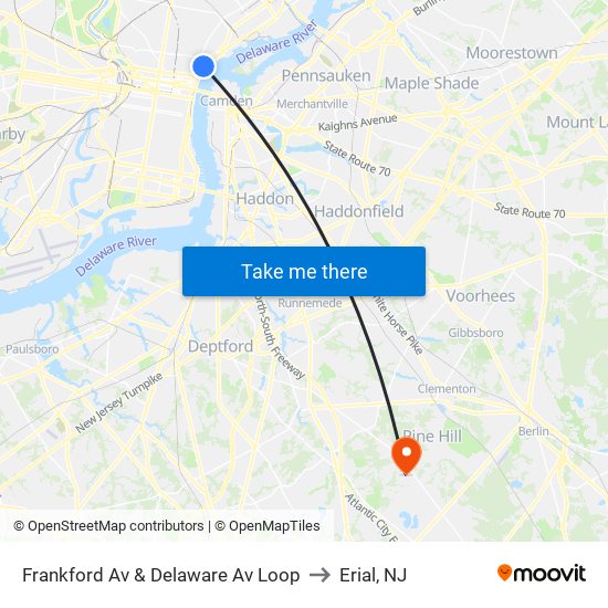 Frankford Av & Delaware Av Loop to Erial, NJ map