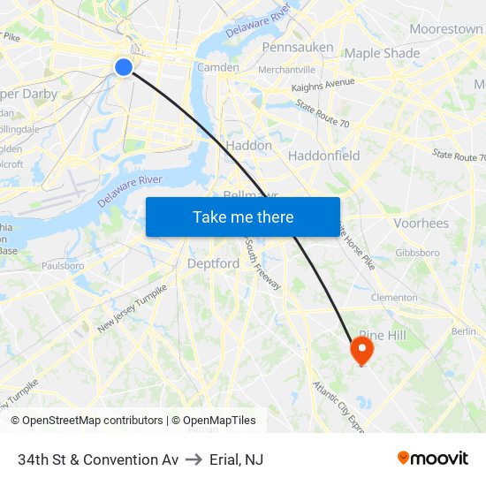 34th St & Convention Av to Erial, NJ map